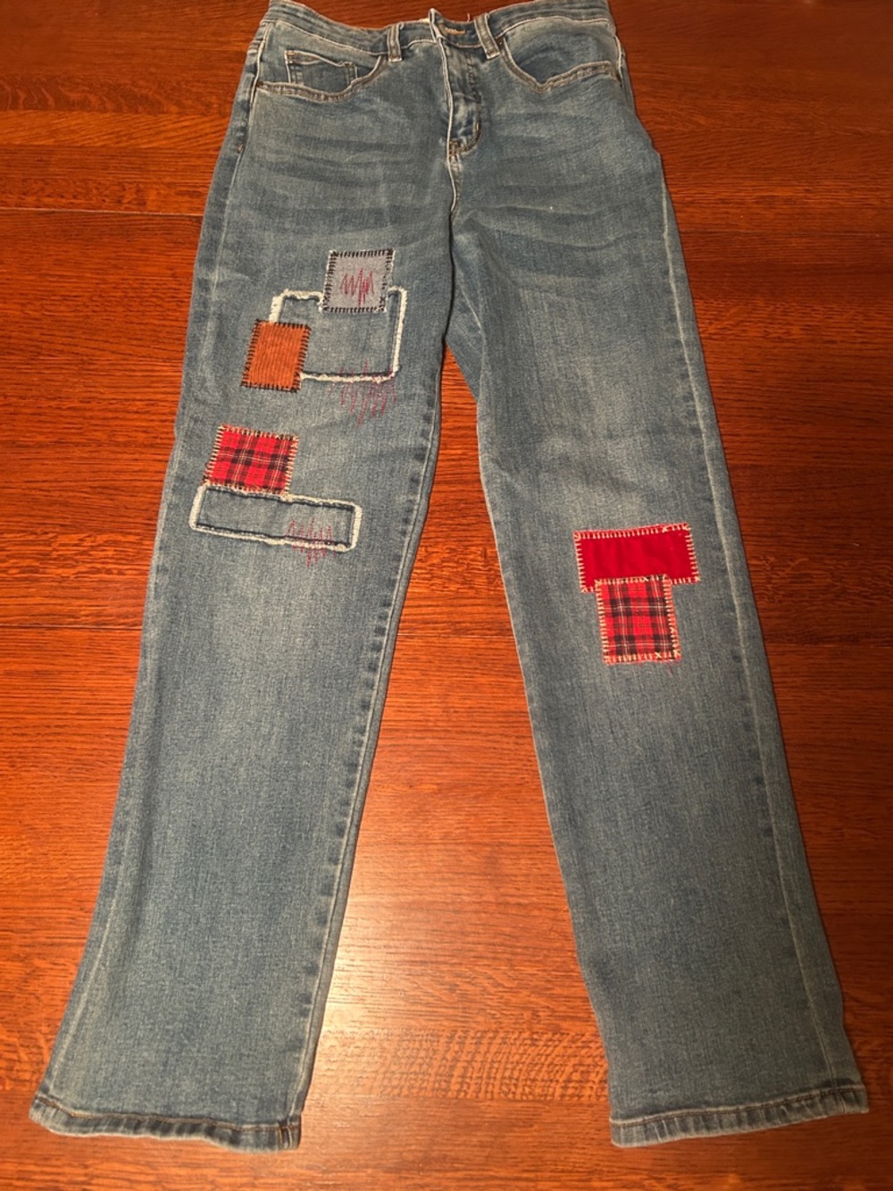 Coldwater Creek Blue Straight-Leg Jeans with Red & Orange Patchwork